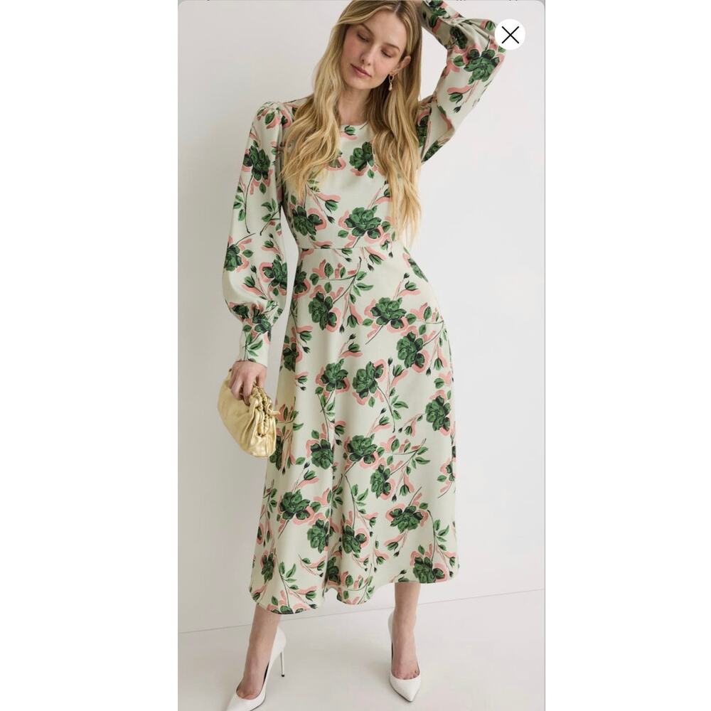 ALEXIA ADMOR Off-White Green Floral Sophie Cinched Waist Flowy Dress size 10 - Picture 5 of 16